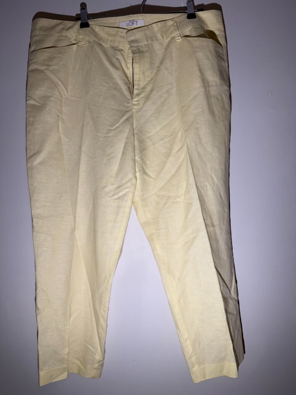 LOFT Pastel Yellow Linen Blend Cropped Straight Leg Pants | Size 16